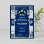 Dark Blue Islamic Arabesque Hochzeitseinladung Folieneinladung (Stehend vorne)