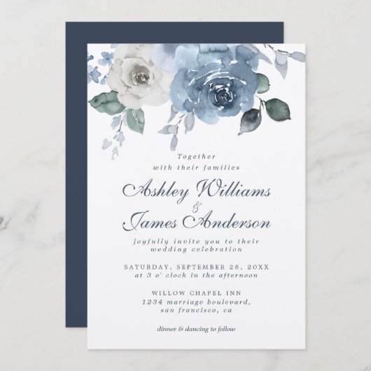 Dark Blue Ivory Rose Floral Wedding Einladung (Vorne/Hinten)
