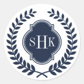 Dark Blue Laurel Wappen Wreath Custom Monogram Runder Aufkleber (Vorderseite)