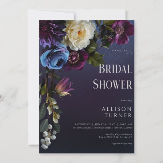 Dark Blue & Lila Floral Moody Brautparty Einladung (Vorderseite)