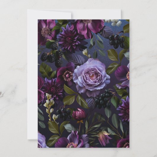 Dark Blue & Lila Floral Moody Brautparty Einladung (Rückseite)