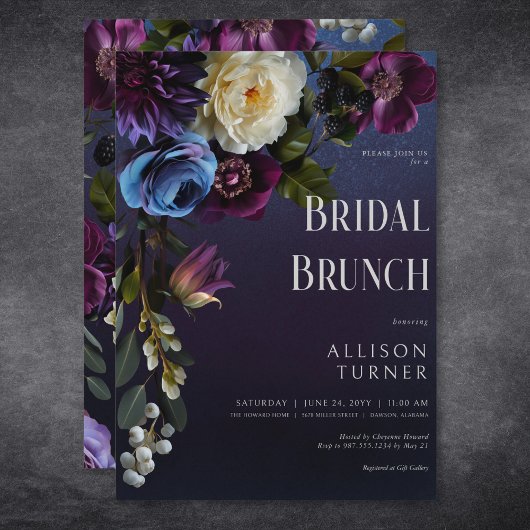 Dark Blue & Lila Floral Moody Bridal Brunch Einladung