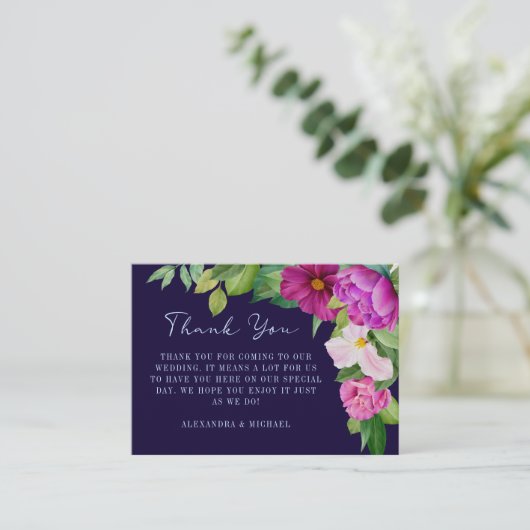 Dark Blue Lila Floral Wedding Vielen Dank Beilage Begleitkarte (Stehend Vorderseite)
