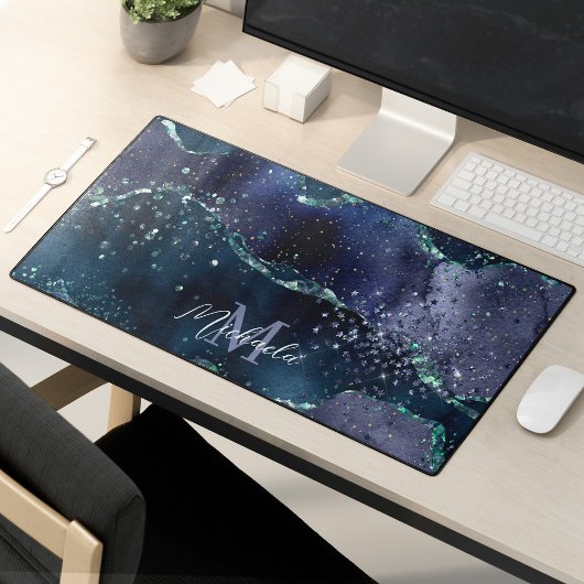 Dark Blue Lila Glitzer Sparkle Stylish Monogram Schreibtischunterlage