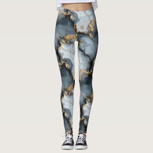 Dark Blue Marble Texture with Liquid Gold Veins Leggings (Vorderseite)
