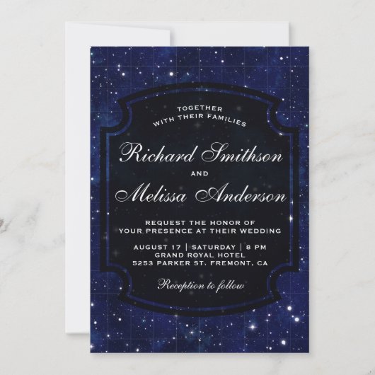 Dark Blue Midnight Starry Sky Wedding Einladung (Vorderseite)
