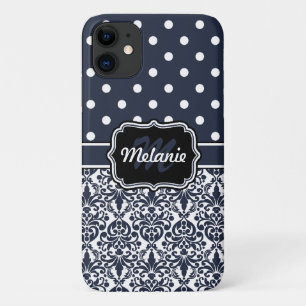 Dark Blue Mit Monogramm Damask Polka Dots Muster Case-Mate iPhone Hülle