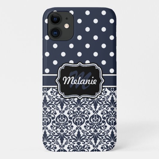 Dark Blue Mit Monogramm Damask Polka Dots Muster Case-Mate iPhone Hülle (Rückseite)