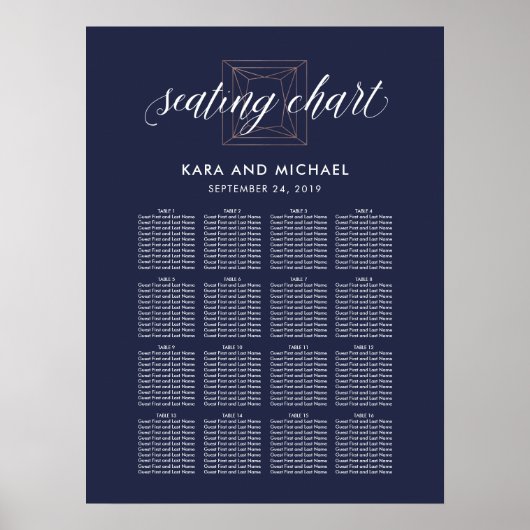 Dark Blue Modern Diamond Wedding Chart Poster (Vorne)