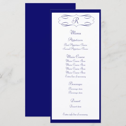Dark Blue Monogram Wedding Menu Menükarte (Vorne/Hinten)