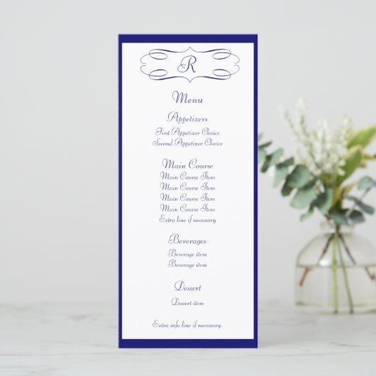 Dark Blue Monogram Wedding Menu Menükarte (Stehend Vorderseite)