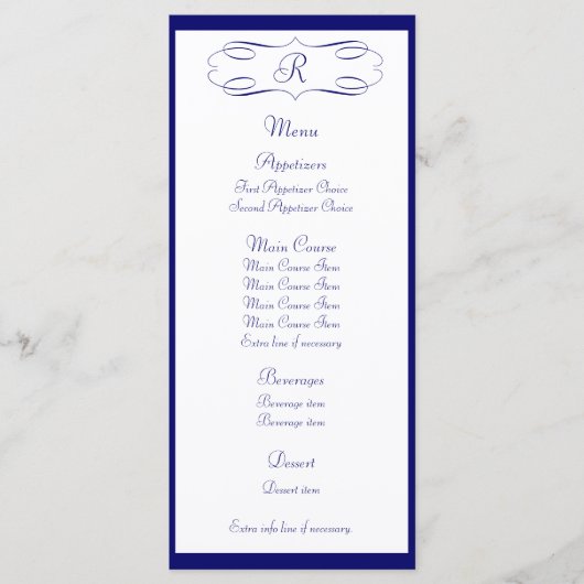 Dark Blue Monogram Wedding Menu Menükarte (Vorderseite)
