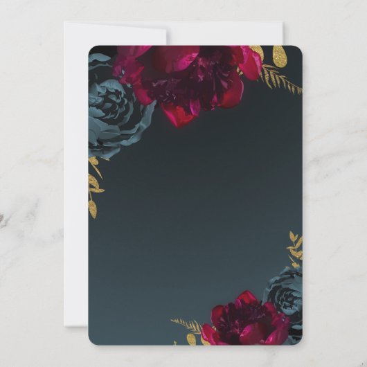 Dark Blue Moody Floral Gold Greenerity Wedding Einladung (Rückseite)