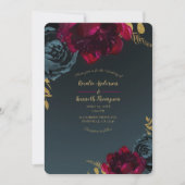 Dark Blue Moody Floral Gold Greenerity Wedding Einladung (Vorderseite)