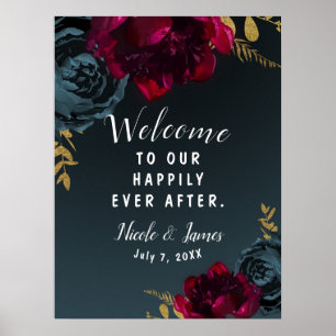 Dark Blue Moody Floral Gold Greenerity Wedding Sig Poster
