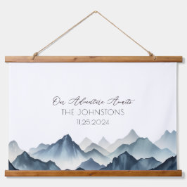 Dark Blue Mountain Watercolor Wedding Guest Book Wandteppich Mit Holzrahmen