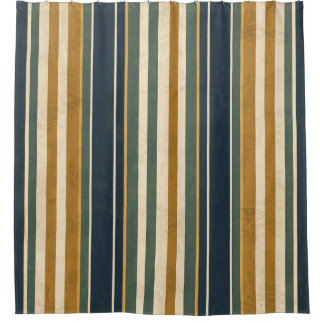 Dark Blue Mustard Gold Forest Green Vintage Stripe Duschvorhang