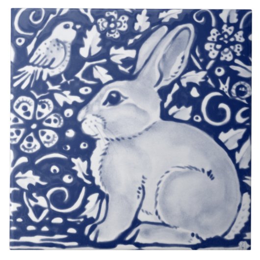 Dark Blue Navy Cobalt Rabbit Bird Chinoiserie  Fliese (Vorderseite)