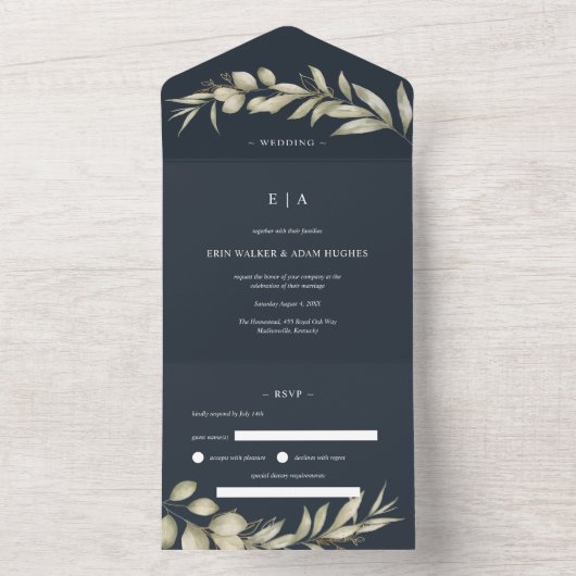 Dark Blue Navy Eucalyptus Wreath Wedding All In One Einladung (Innen)