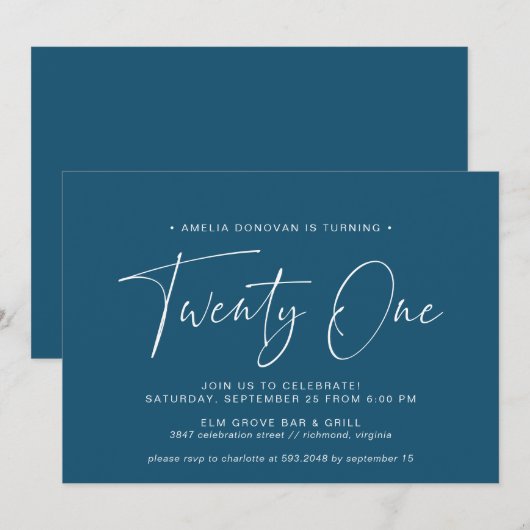 Dark Blue Navy | Simple Script 21st Birthday Party Einladung (Vorne/Hinten)