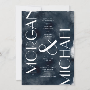 Dark Blue Navy White Modern Gothic Wedding Invita Einladung