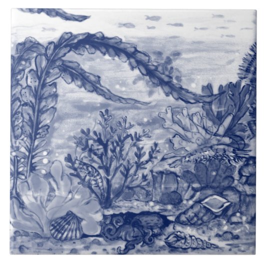 Dark Blue Ocean Scene Octopus Mural PC#5 Fliese (Vorderseite)