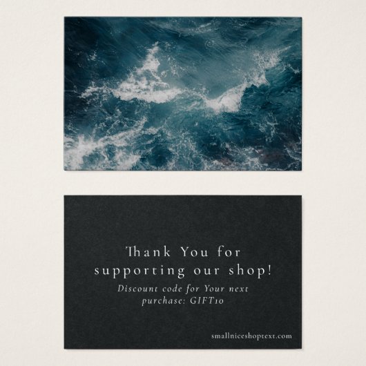 Dark blue ocean shop thank you card with discount (Vorne & Hinten)