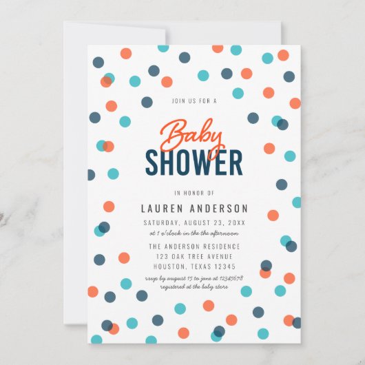 Dark Blue Orange Confetti Baby Dusche Einladung (Vorderseite)
