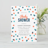 Dark Blue Orange Confetti Baby Dusche Einladung (Stehend Vorderseite)