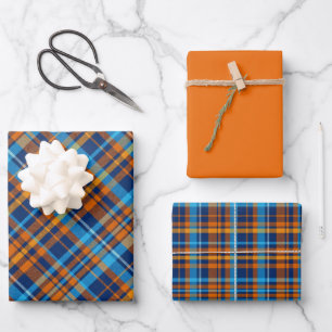 Dark Blue, Orange & Sky Blue Kariert Geschenkpapier Set