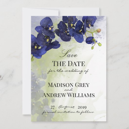 Dark Blue Orchid Watercolor Save the Date (Vorderseite)