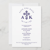 Dark Blue Ornate Christian Cross Wedding Initials Save The Date (Vorderseite)