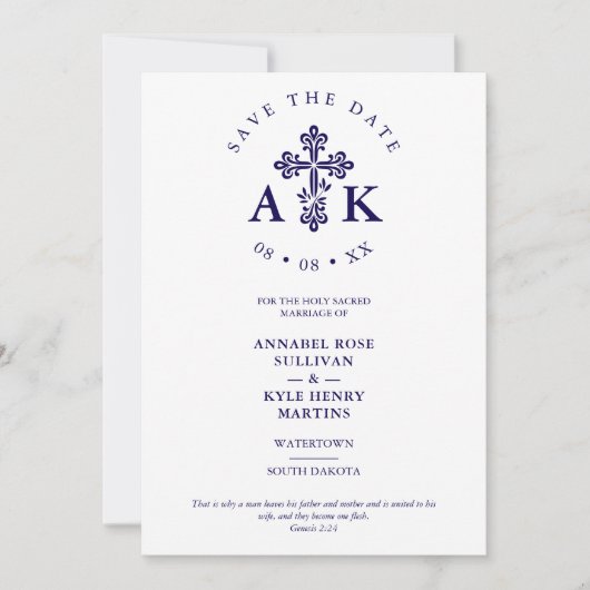 Dark Blue Ornate Christian Cross Wedding Initials Save The Date (Vorderseite)