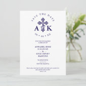 Dark Blue Ornate Christian Cross Wedding Initials Save The Date (Stehend Vorderseite)