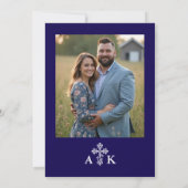 Dark Blue Ornate Christian Cross Wedding Initials Save The Date (Rückseite)
