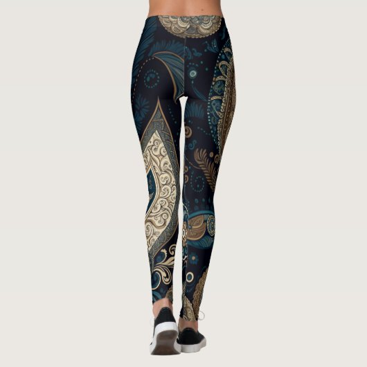 Dark Blue Paisley Pattern Retro Chic Boho Leggings (Rückseite)