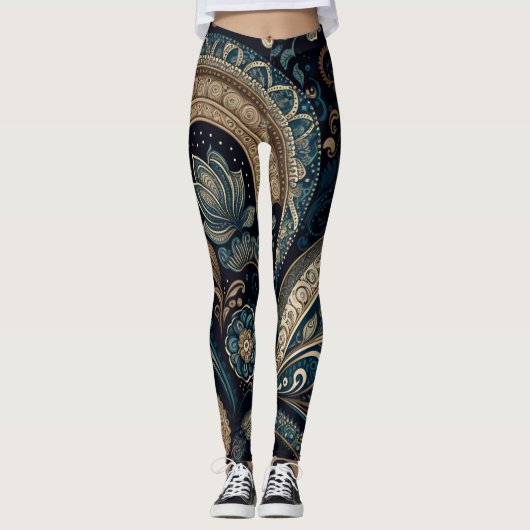 Dark Blue Paisley Pattern Retro Chic Boho Leggings (Vorderseite)