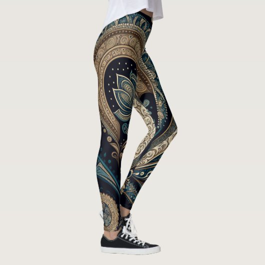 Dark Blue Paisley Pattern Retro Chic Boho Leggings (Rechts)
