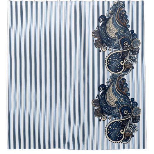 Dark Blue Paisley Stripe Muster Retro Chic Boho Duschvorhang (Vorderseite)