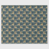 Dark Blue Plaid with Faux Gold Reindeer Holiday Geschenkpapier (Flach)