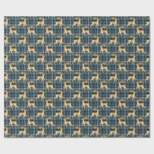 Dark Blue Plaid with Faux Gold Reindeer Holiday Geschenkpapier (Flach)