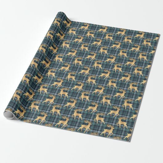 Dark Blue Plaid with Faux Gold Reindeer Holiday Geschenkpapier (Ungerollt)