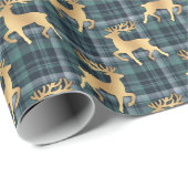 Dark Blue Plaid with Faux Gold Reindeer Holiday Geschenkpapier (Rolleneckpunkt)