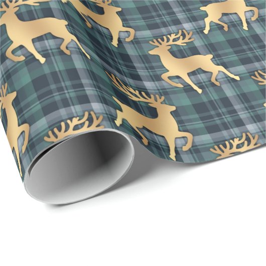 Dark Blue Plaid with Faux Gold Reindeer Holiday Geschenkpapier (Rolleneckpunkt)