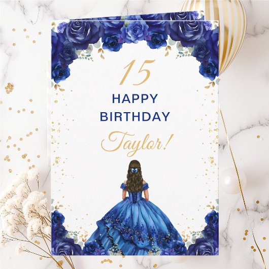 Dark Blue Princess Floral Happy Birthday Karte