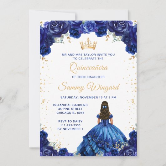 Dark Blue Princess Floral Quinceañera Einladung (Vorderseite)