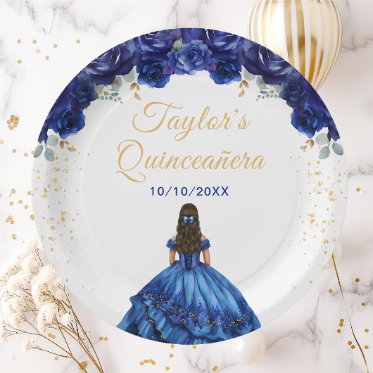 Dark Blue Princess Floral Quinceañera Pappteller