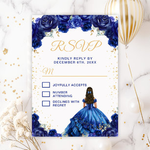 Dark Blue Princess Floral Quinceañera RSVP Karte