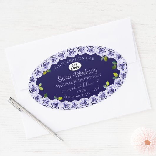 Dark Blue Product Packaging Labels Rose Frame Logo Ovaler Aufkleber (Umschlag)