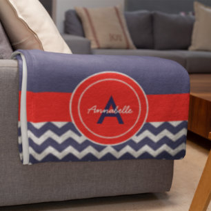 Dark Blue Red Zickzack Fleecedecke